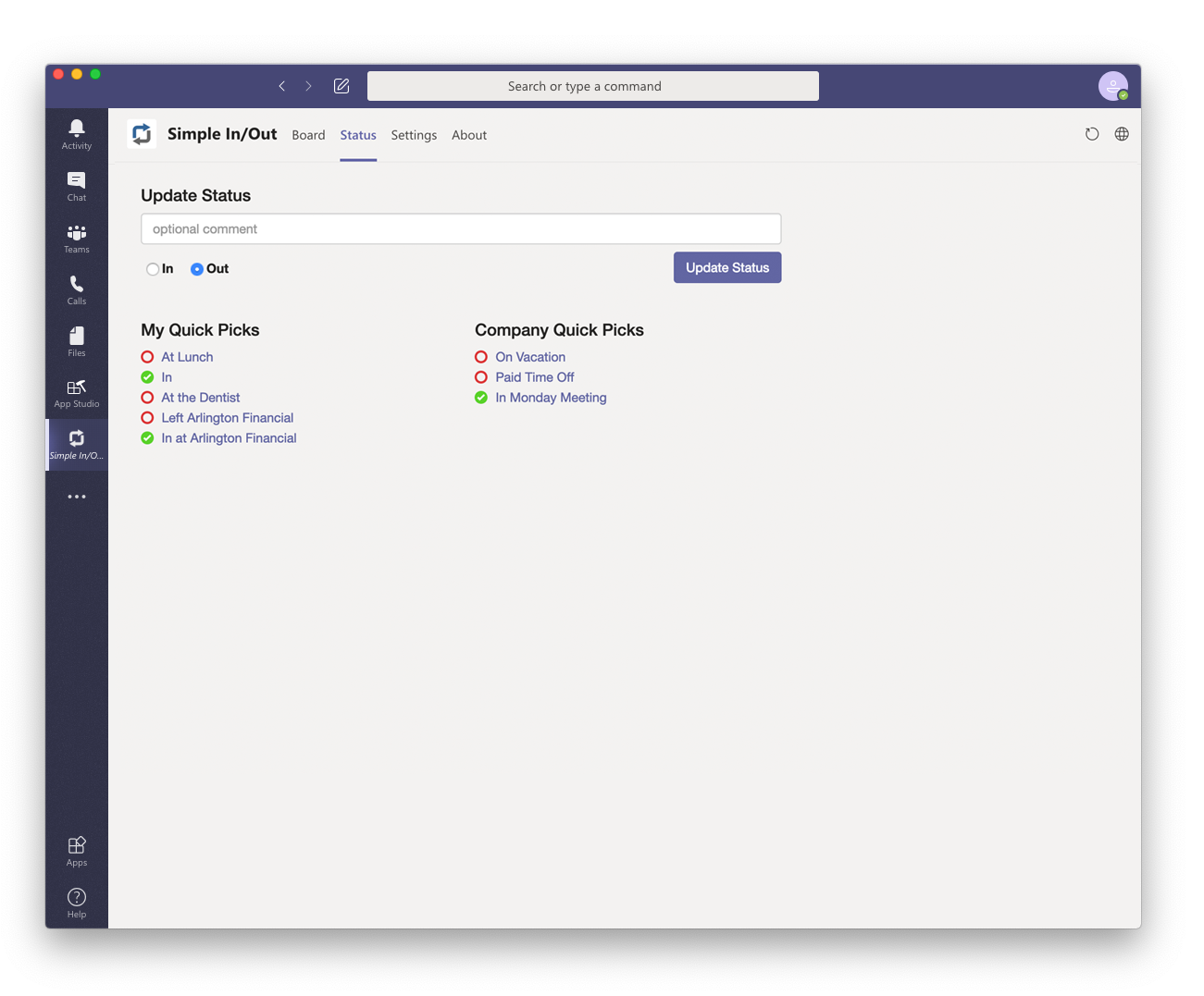 Status Tab Inside Microsoft Teams